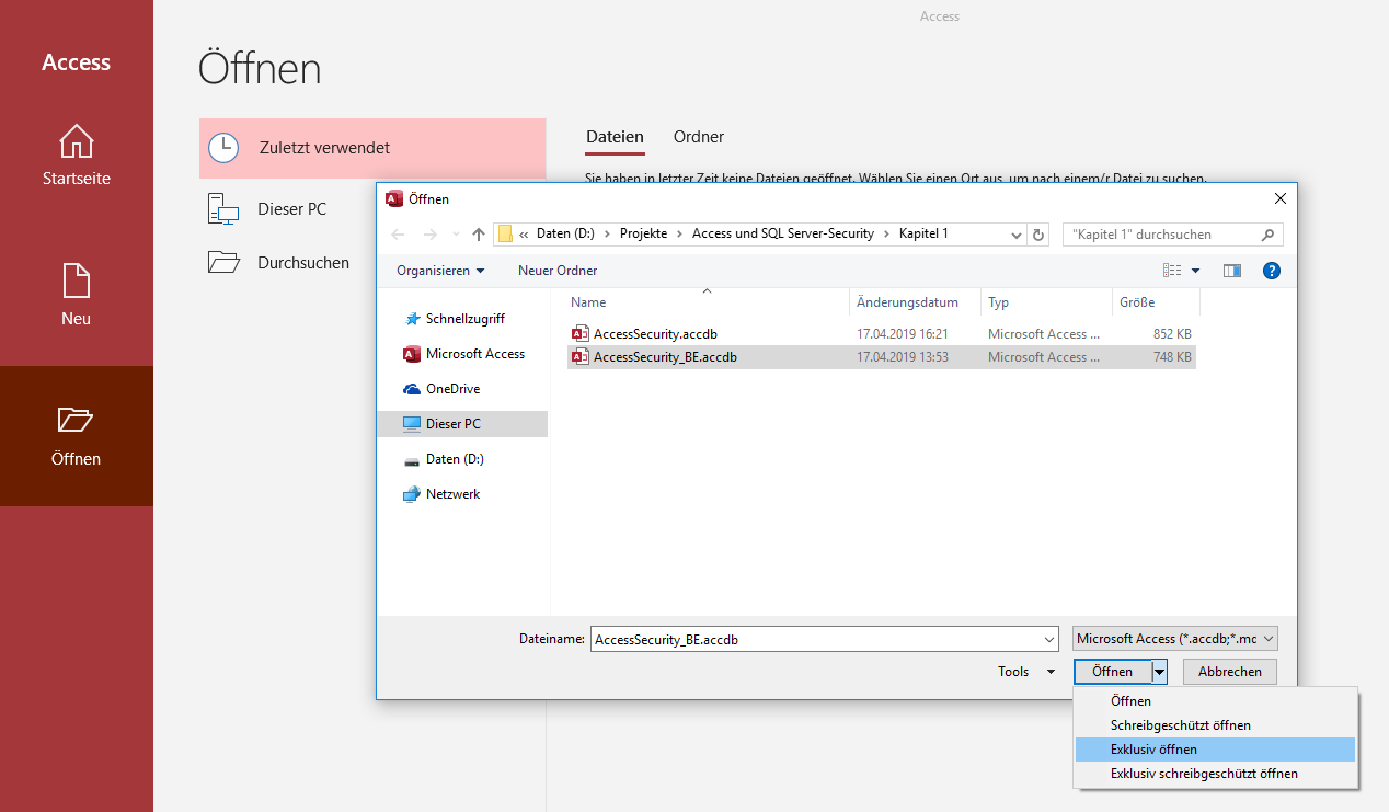Exklusives Öffnen einer Datenbank